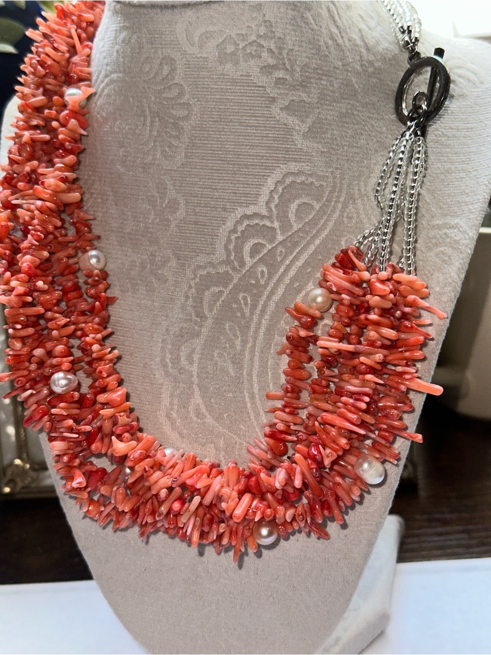 Handmade Bamboo Coral and Pearl Necklace and Earrings